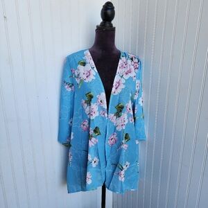 Pink Milly Size M Womens Floral Casual Wear Summer Blouse Aqua Blue 3/4 Sleeve